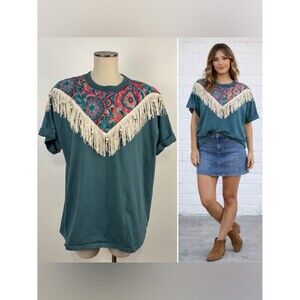 VTG 80's Hazelwoods Size XL T-Shirt Teal Cotton Fringe Southwestern Aztec USA